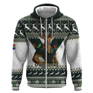 South Africa Christmas Rugby Zip Hoodie Springboks Mascot Mix African Pattern