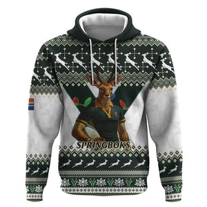 South Africa Christmas Rugby Zip Hoodie Springboks Mascot Mix African Pattern