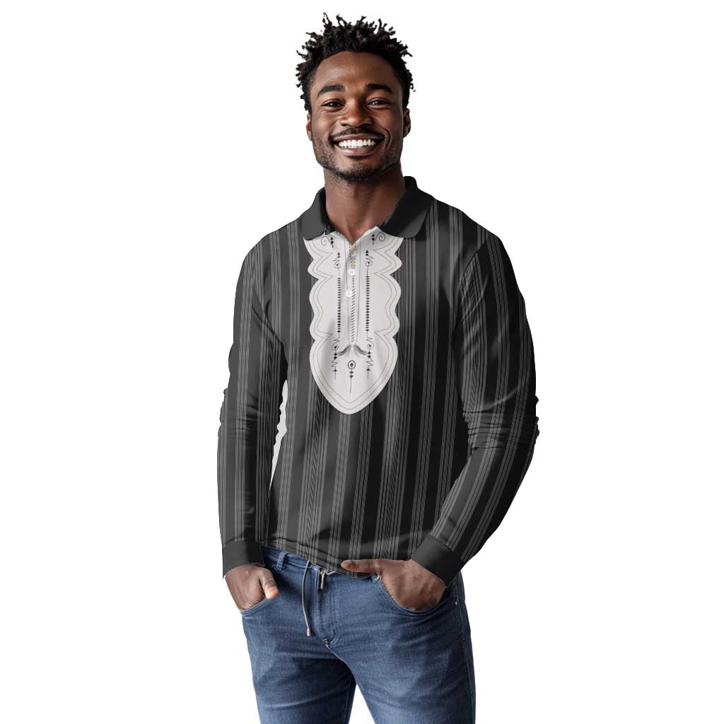 Liberia Kpelle Ethnic Heritage Pattern - Black Long Sleeve Polo Shirt - African Pride