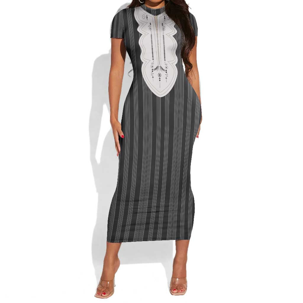 Liberia Kpelle Ethnic Heritage Pattern - Black Short Sleeve Bodycon Dress - African Pride