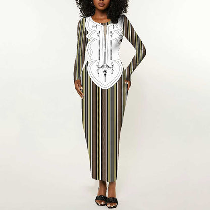 Liberia Kpelle Ethnic Heritage Pattern - Brown Long Sleeve Bodycon Dress - African Pride