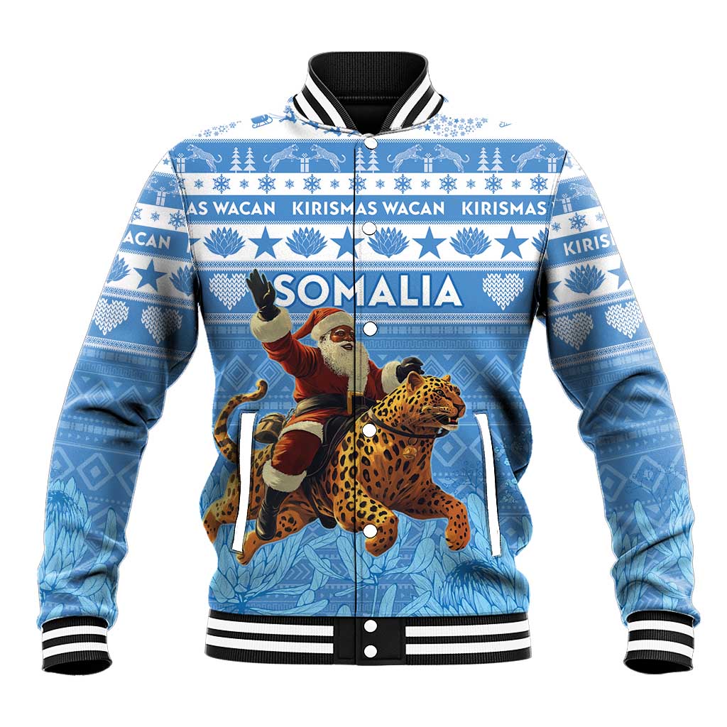 Personalized Afro Somalia Christmas Baseball Jacket Black Santa Riding Leopard - African Pattern