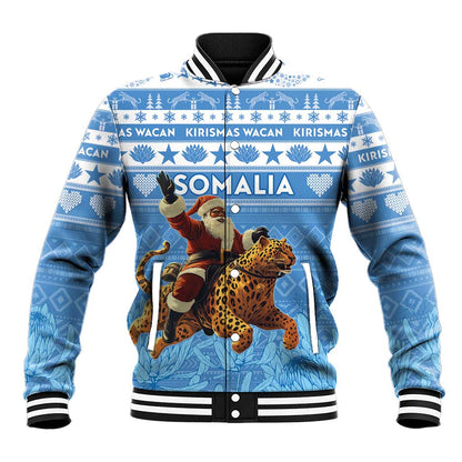 Personalized Afro Somalia Christmas Baseball Jacket Black Santa Riding Leopard - African Pattern