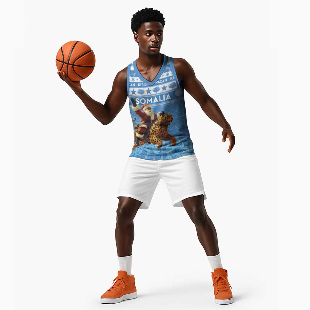 Personalized Afro Somalia Christmas Basketball Jersey Black Santa Riding Leopard - African Pattern LT15