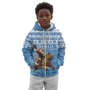 Personalized Afro Somalia Christmas Kid Hoodie Black Santa Riding Leopard - African Pattern