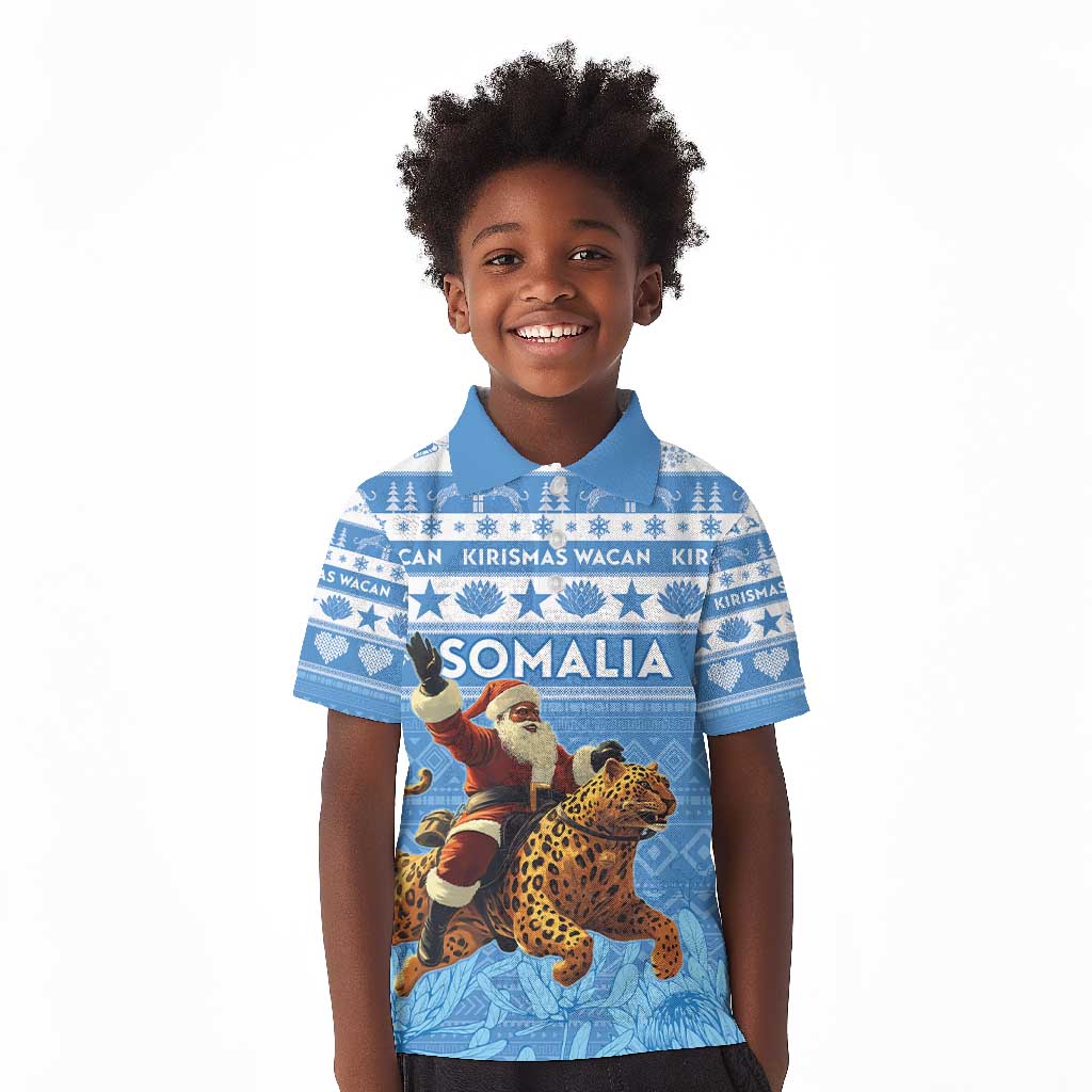 Personalized Afro Somalia Christmas Kid Polo Shirt Black Santa Riding Leopard - African Pattern