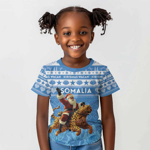 Personalized Afro Somalia Christmas Kid T shirt Black Santa Riding Leopard - African Pattern