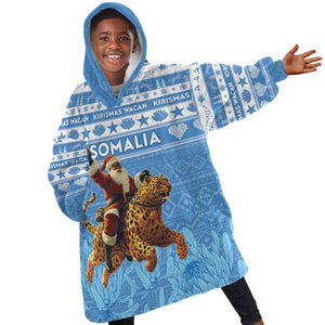 Personalized Afro Somalia Christmas Kid Wearable Blanket Hoodie Black Santa Riding Leopard - African Pattern