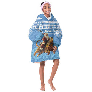 Personalized Afro Somalia Christmas Kid Wearable Blanket Hoodie Black Santa Riding Leopard - African Pattern