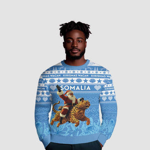 Personalized Afro Somalia Christmas Ugly Christmas Sweater Black Santa Riding Leopard African Pattern