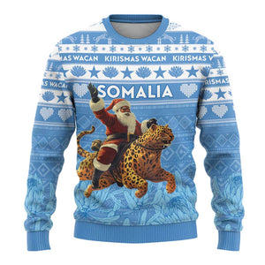 Personalized Afro Somalia Christmas Ugly Christmas Sweater Black Santa Riding Leopard African Pattern