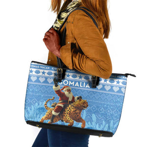 Afro Somalia Christmas Leather Tote Bag Black Santa Riding Leopard - African Pattern