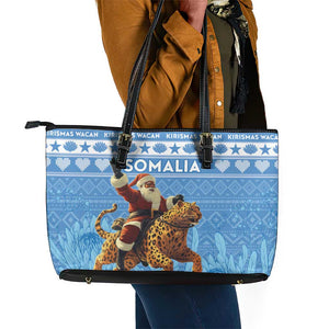 Afro Somalia Christmas Leather Tote Bag Black Santa Riding Leopard - African Pattern