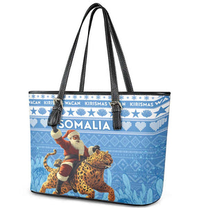 Afro Somalia Christmas Leather Tote Bag Black Santa Riding Leopard - African Pattern