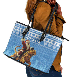 Afro Somalia Christmas Leather Tote Bag Black Santa Riding Leopard - African Pattern