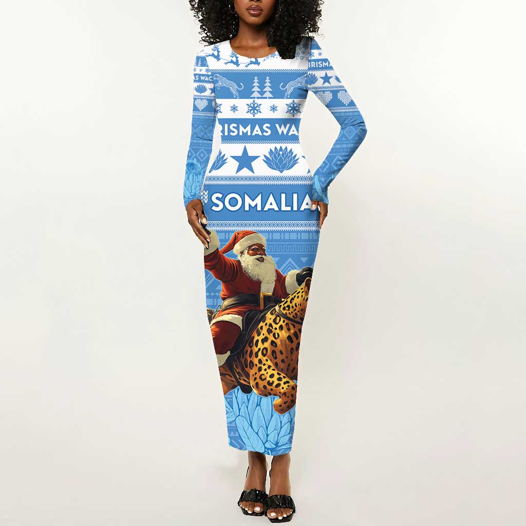 Personalized Afro Somalia Christmas Long Sleeve Bodycon Dress Black Santa Riding Leopard - African Pattern