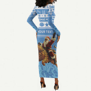 Personalized Afro Somalia Christmas Long Sleeve Bodycon Dress Black Santa Riding Leopard - African Pattern