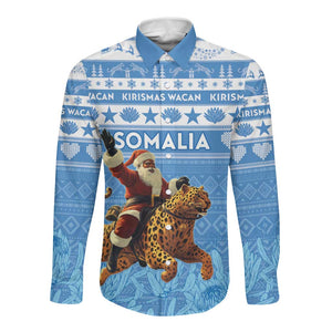 Personalized Afro Somalia Christmas Long Sleeve Button Shirt Black Santa Riding Leopard - African Pattern