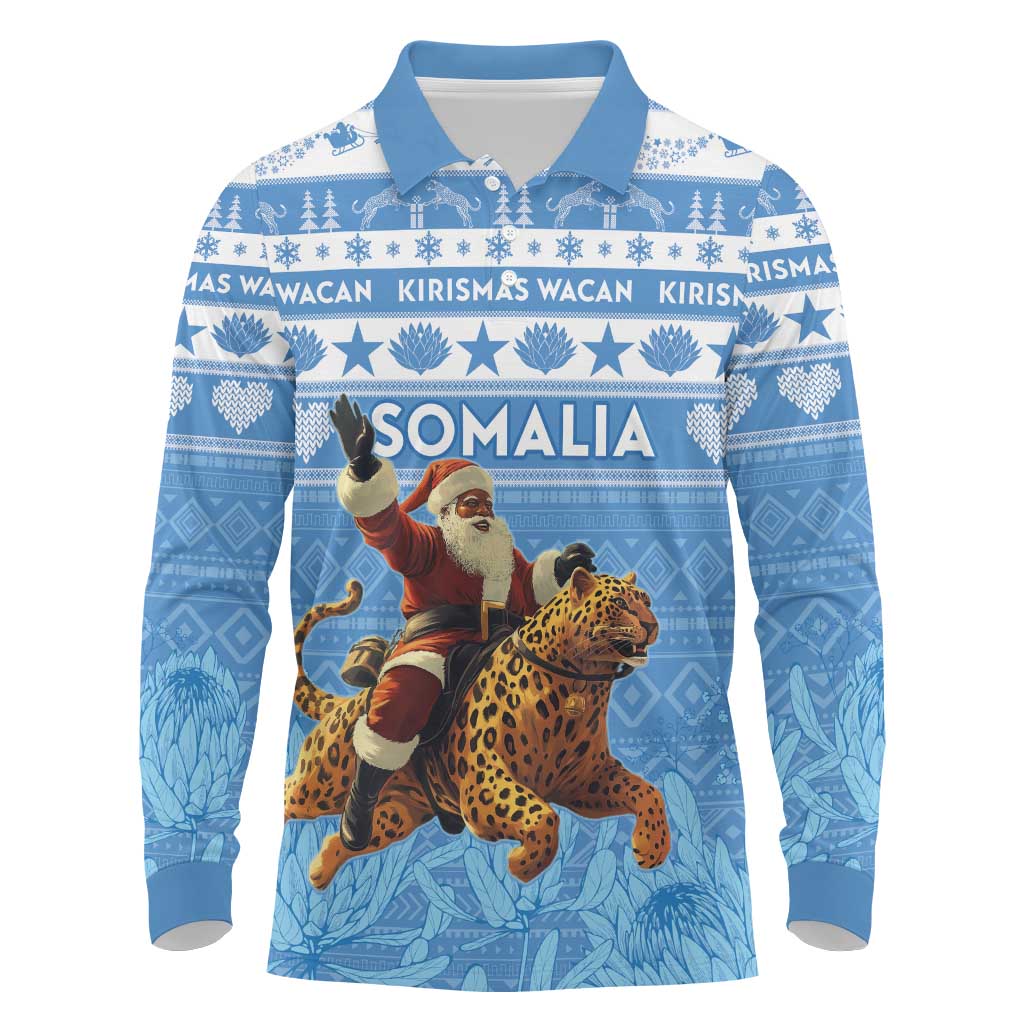 Personalized Afro Somalia Christmas Long Sleeve Polo Shirt Black Santa Riding Leopard - African Pattern