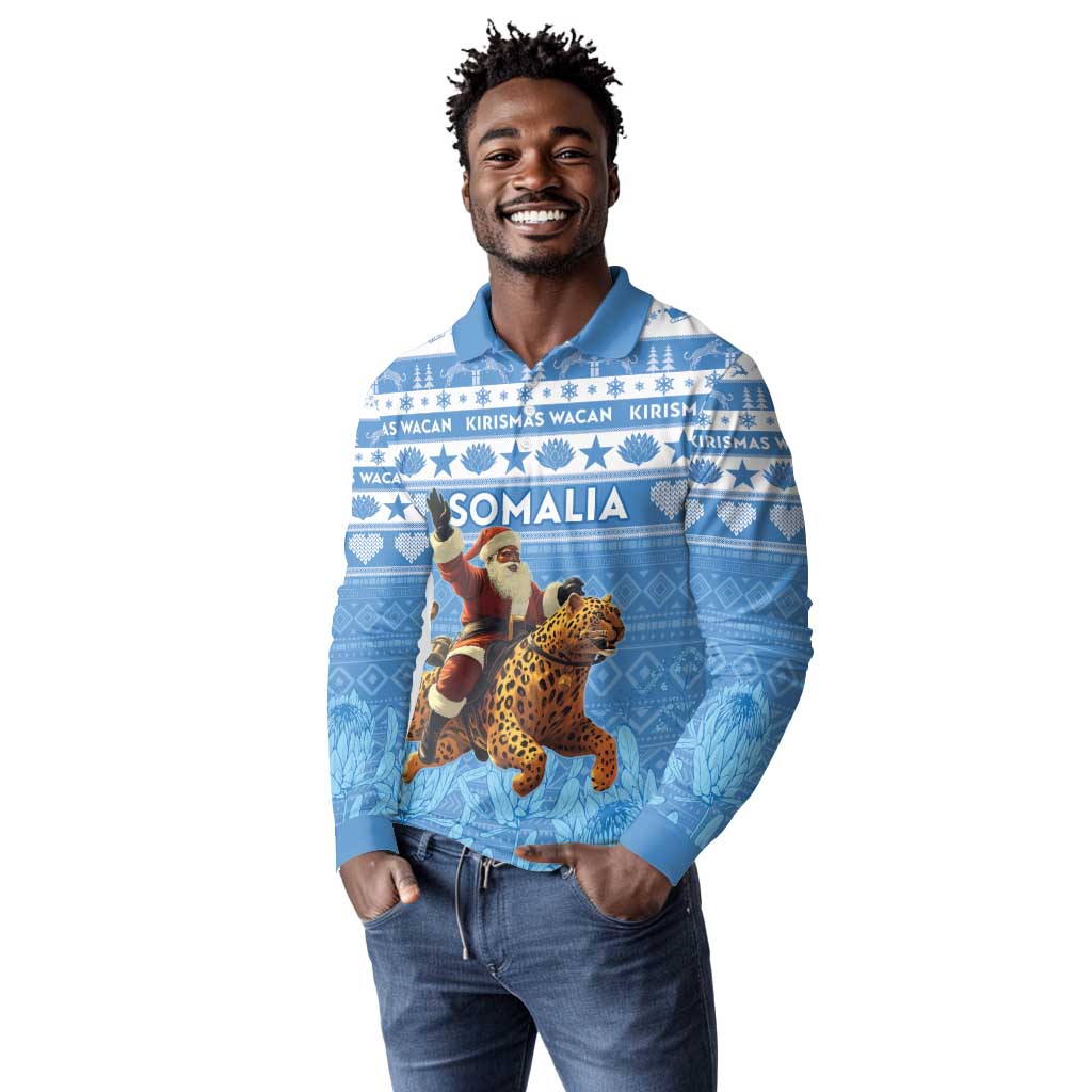 Personalized Afro Somalia Christmas Long Sleeve Polo Shirt Black Santa Riding Leopard - African Pattern