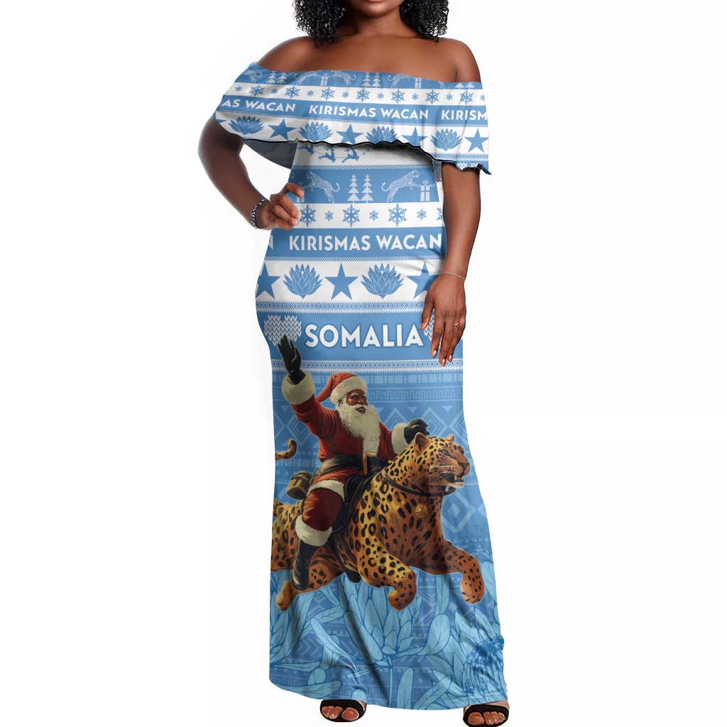 Personalized Afro Somalia Christmas Off Shoulder Maxi Dress Black Santa Riding Leopard - African Pattern