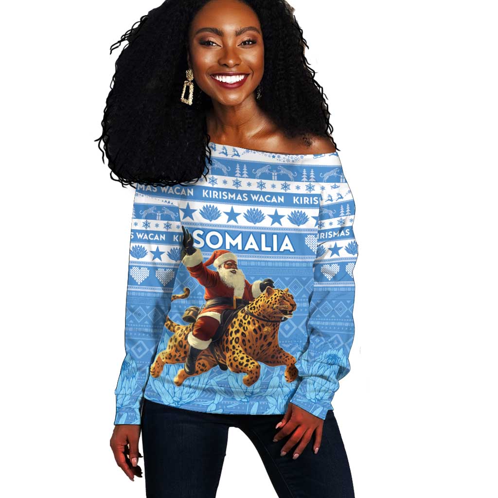 Personalized Afro Somalia Christmas Off Shoulder Sweater Black Santa Riding Leopard - African Pattern