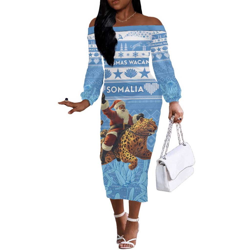 Personalized Afro Somalia Christmas Off The Shoulder Long Sleeve Dress Black Santa Riding Leopard - African Pattern