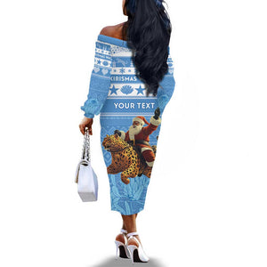 Personalized Afro Somalia Christmas Off The Shoulder Long Sleeve Dress Black Santa Riding Leopard - African Pattern