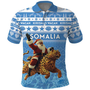 Personalized Afro Somalia Christmas Polo Shirt Black Santa Riding Leopard - African Pattern