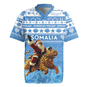 Personalized Afro Somalia Christmas Rugby Jersey Black Santa Riding Leopard - African Pattern