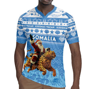 Personalized Afro Somalia Christmas Rugby Jersey Black Santa Riding Leopard - African Pattern