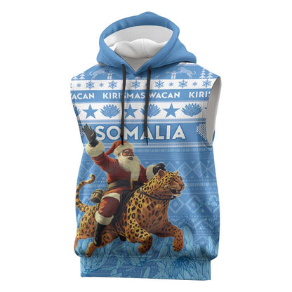 Personalized Afro Somalia Christmas Sleeveless Hoodie Black Santa Riding Leopard - African Pattern - African Pride