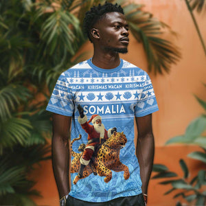 Personalized Afro Somalia Christmas T shirt Black Santa Riding Leopard - African Pattern