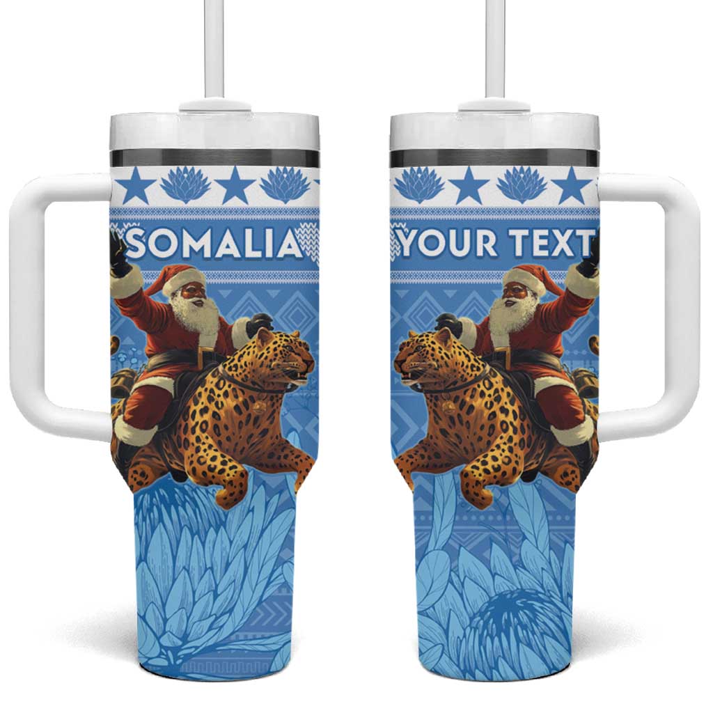 Personalized Afro Somalia Christmas Tumbler With Handle Black Santa Riding Leopard - African Pattern