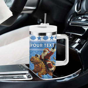 Personalized Afro Somalia Christmas Tumbler With Handle Black Santa Riding Leopard - African Pattern