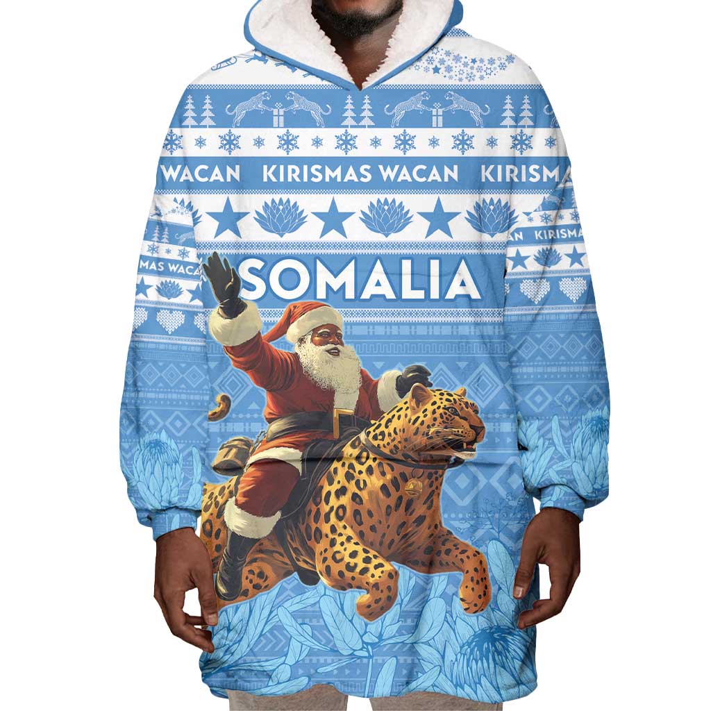 Personalized Afro Somalia Christmas Wearable Blanket Hoodie Black Santa Riding Leopard - African Pattern