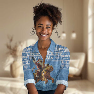 Personalized Afro Somalia Christmas Women Casual Shirt Black Santa Riding Leopard - African Pattern