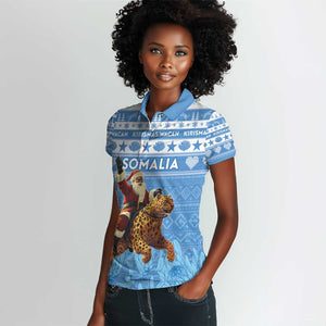 Personalized Afro Somalia Christmas Women Polo Shirt Black Santa Riding Leopard - African Pattern