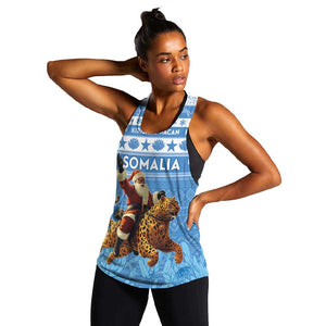 Personalized Afro Somalia Christmas Women Racerback Tank Black Santa Riding Leopard - African Pattern