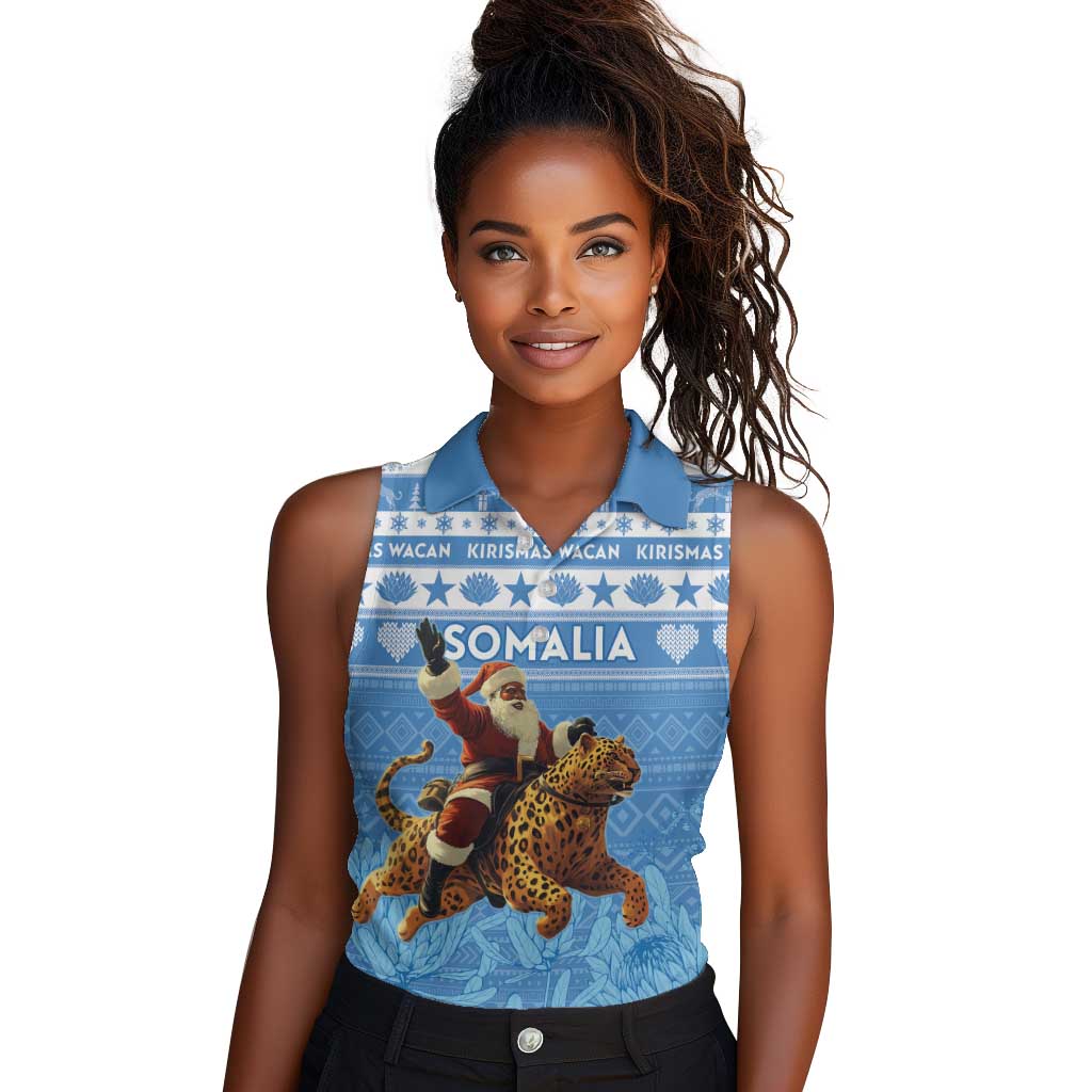 Personalized Afro Somalia Christmas Women Sleeveless Polo Shirt Black Santa Riding Leopard - African Pattern