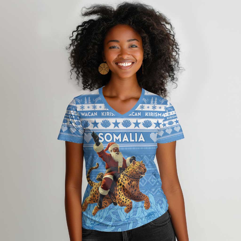 Personalized Afro Somalia Christmas Women V-Neck T-Shirt Black Santa Riding Leopard - African Pattern