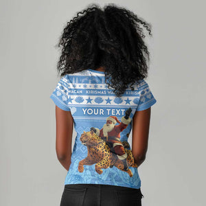 Personalized Afro Somalia Christmas Women V-Neck T-Shirt Black Santa Riding Leopard - African Pattern