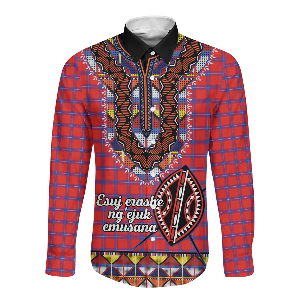 Afro Kenya Maasai Shuka Personalized Long Sleeve Button Shirt Maasai Shield Mix Dashiki