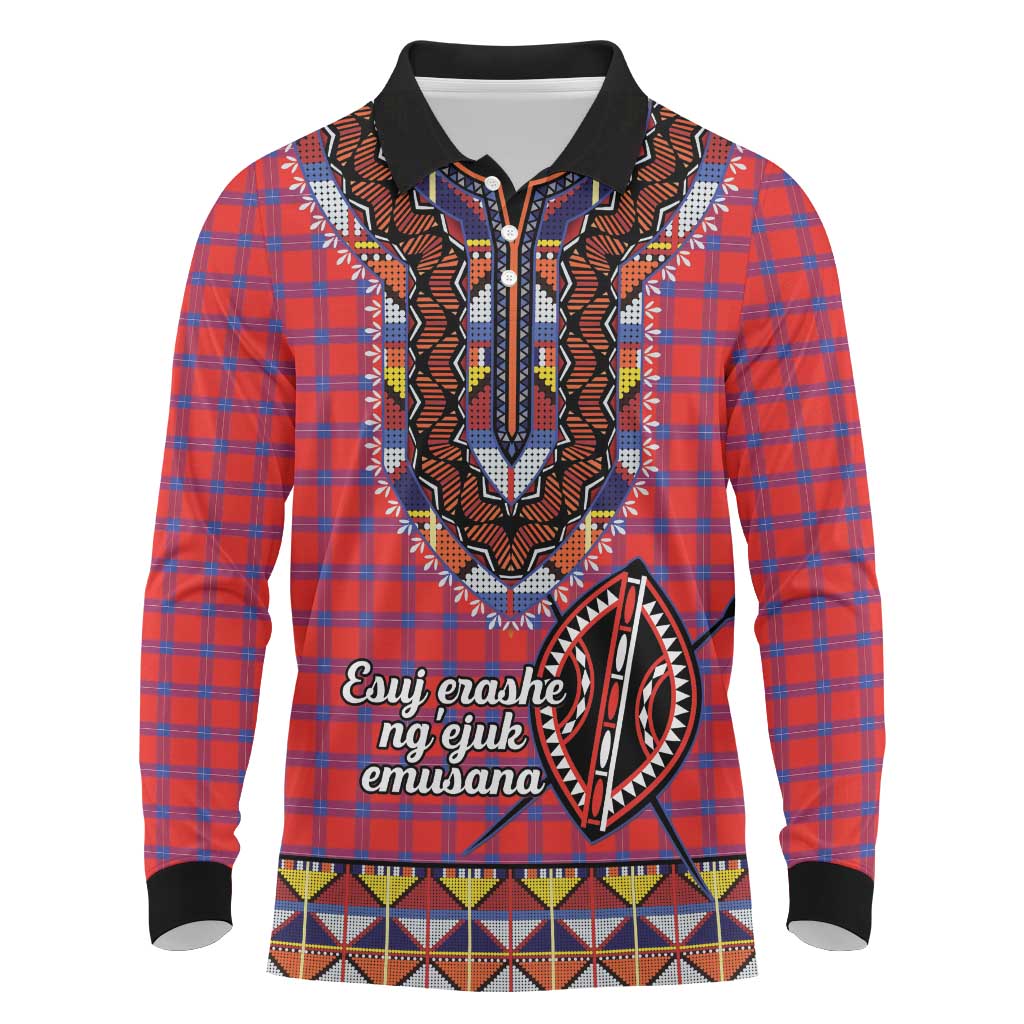 Afro Kenya Maasai Shuka Personalized Long Sleeve Polo Shirt Maasai Shield Mix Dashiki