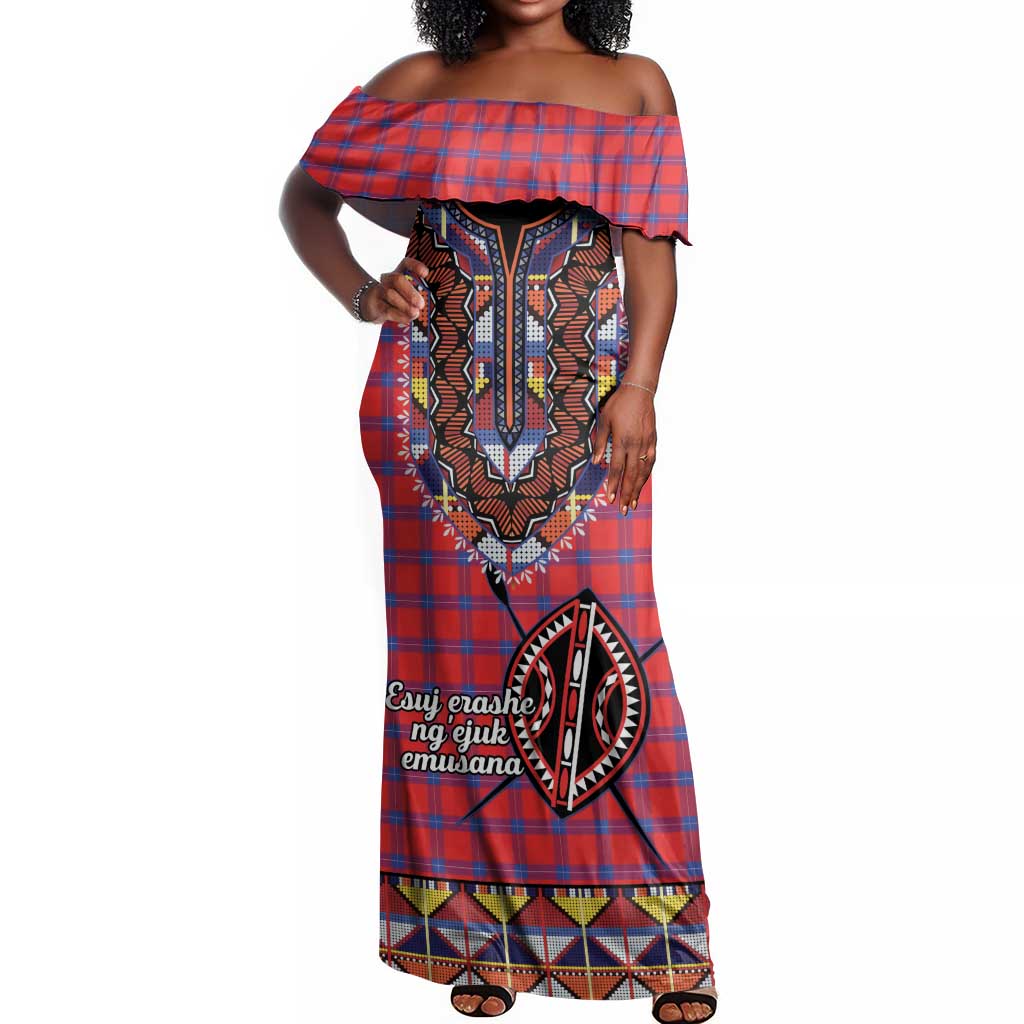 Afro Kenya Maasai Shuka Personalized Off Shoulder Maxi Dress Maasai Shield Mix Dashiki