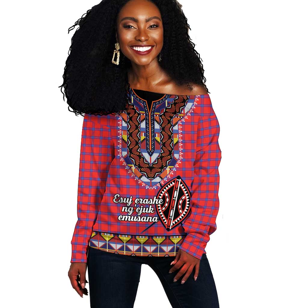 Afro Kenya Maasai Shuka Personalized Off Shoulder Sweater Maasai Shield Mix Dashiki