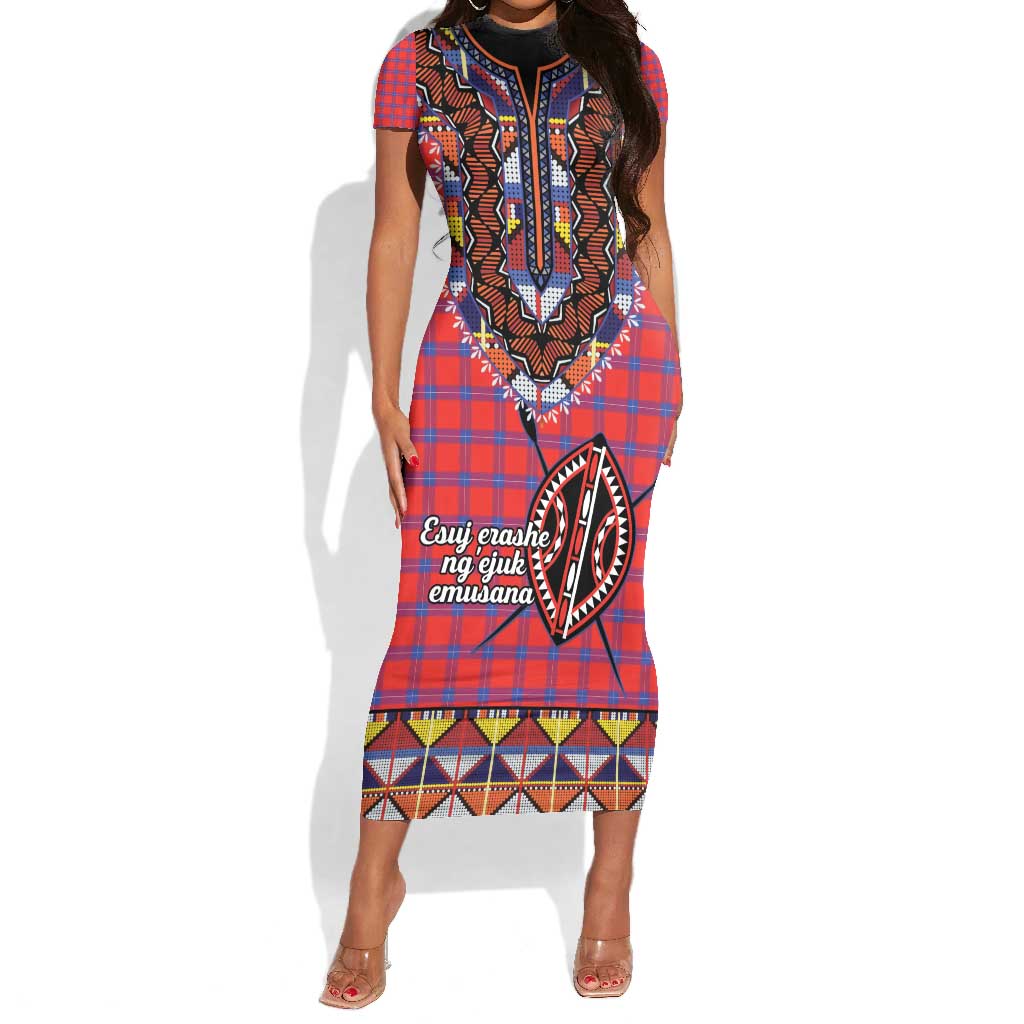 Afro Kenya Maasai Shuka Personalized Short Sleeve Bodycon Dress Maasai Shield Mix Dashiki