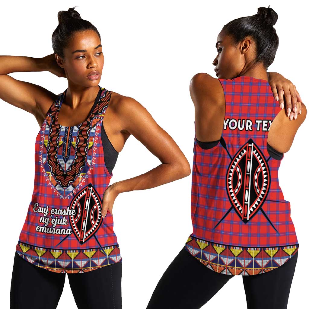 Afro Kenya Maasai Shuka Personalized Women Racerback Tank Maasai Shield Mix Dashiki