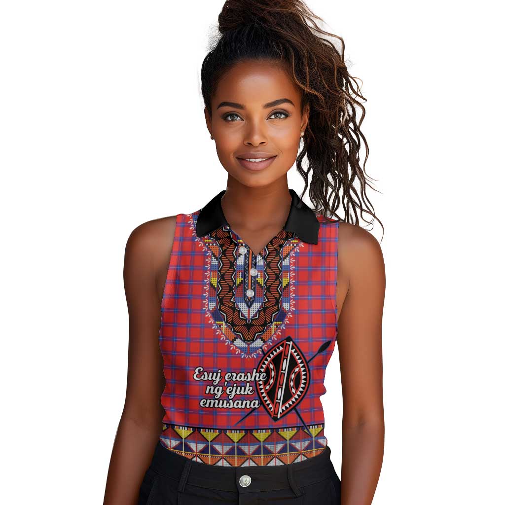 Afro Kenya Maasai Shuka Personalized Women Sleeveless Polo Shirt Maasai Shield Mix Dashiki