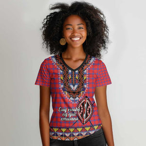 Afro Kenya Maasai Shuka Personalized Women V-Neck T-Shirt Maasai Shield Mix Dashiki